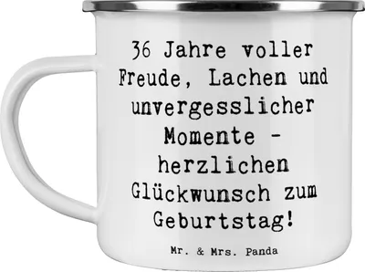 Produktbild von Mr. & Mrs. Panda Teetasse Spruch 36. Geburtstag - Weiß - Geschenk, Alter, Happy Birthday, Emaille Becher, liebevoll handgefertigt, Pott, Familie, besonderer Anlass