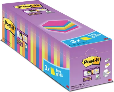 Produktbild von Haftnotiz Super Sticky Notes Promotion 76x76mm 90 Blatt ultragelb, ultrapink, neonorange, ultragrün VE=8x24 Blöcke