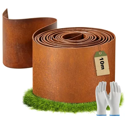 Produktbild von 10m Rasenkante aus Cortenstahl – Beeteinfassung in Rostoptik, Wetterfest & Wartungsfrei, Flexibles Metall Mähkante für Garten & Blumenbeet