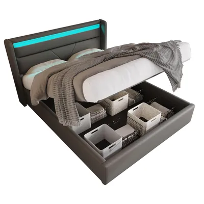 Produktbild von STILVORA Boxspringbett Polsterbett 140 x 200 cm Hydraulisches Stauraumbett mit Bettkasten & LED-Beleuchtung,PU,Grau(ohne Matratze)