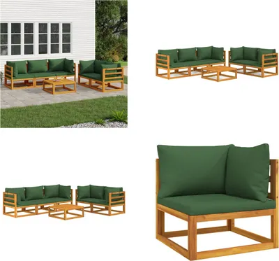 Image de vidaXL 6 pcs. Garden Lounge Set with Green Coussins Massiv Wood - Garden Lounge Set - Garden Lounge Sets - Outdoor Lounge Set - Lounge Set Terrasse