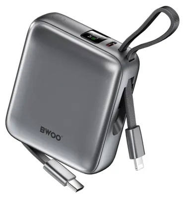 Zdjęcie produktu dla Bwoo Power Bank P74 22.5W 10000 Mah Z 2 Wbudowanymi Kablami 1 X Usb-C 1 X Lightning Srebrny