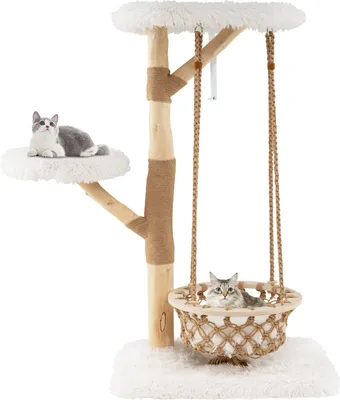 Image de COSTWAY Arbre à chat en bois 123cm, arbre à chat avec panier suspendu, vraies branches en bois, planches à gratter en jute, 2 perchoirs & plateforme, meubles pour animaux domestiques, chats, nature