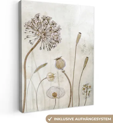 Produktbild von MuchoWow® - Leinwandbilder - Blumen - Aquarell - Stilleben - Braun - Vintage, Wandbild, Wanddeko Bilder Wohnzimmer, 60x80 cm