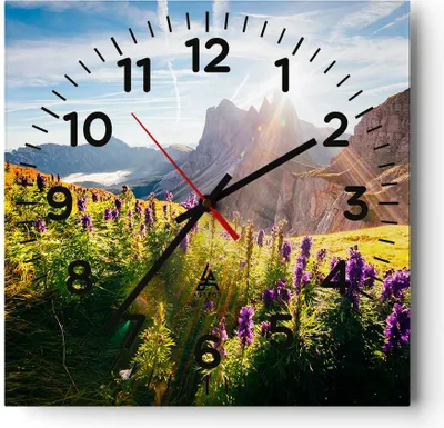 Produktbild von Wanduhr - Quadrat - Glasuhr - Berge Wiese Blumen - 40x40cm - Schleichendes Uhrwerk - Lautlos - zum Aufhängen bereit - Dekoration Modern - Wanddekoration aus Glas - C4AC40x40-4008