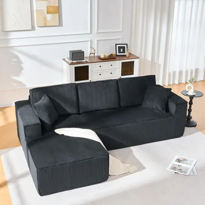 Produktbild von STILVORA Ecksofa L-Form vollkomprimiert aus Cordstoff als 2-Sitzer mit Chaiselongue, Modulares Sofa mit Hochdichtschaumpolster, Wohnzimmersofa Schwarz