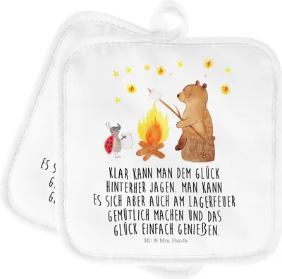 Produktbild von Mr. & Mrs. Panda Topflappen Bär & Marienkäfer Lagerfeuer - Weiß - Geschenk, Topfuntersetzer, Doppel, topfhalter, Teddy, Kochlappen, Topflappenset