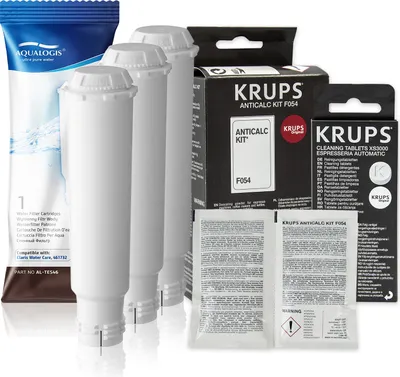 A collection of coffee machine accessories including water filters and cleaning tablets.