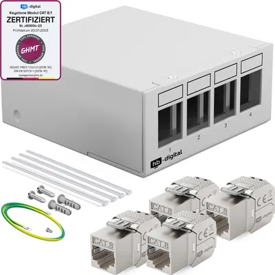 Produktbild von hb-digital Patch Panel 4 Port mit 4 x Keystone Module Cat 8 hellgrau