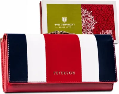 A PETERSON women's wallet is displayed in front of its packaging.