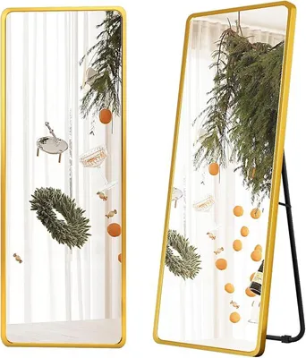 Imagen del producto de Espejo de cuerpo entero de pie, espejo rectangular de pie, espejo de pie grande para pared, puerta, dormitorio, baño o salón, con marco de aluminio, color dorado