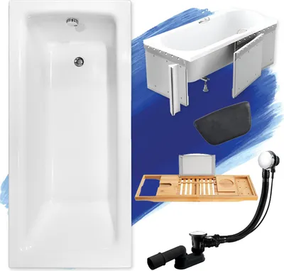 Produktbild von Badewanne Rechteck Set 6in1 150x70 mit Premium Ablaufgarnitur und Füßen GRATIS + Styroporverkleidung + Bambus Holzablage + Kopfstütze in Schwarz | BADLAND TALIA