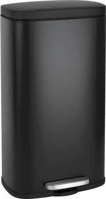 A black pedal trash can is shown against a white background.