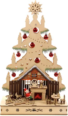 Produktbild von 3D Lichterspitze Holzschnitt als Tannenbaum aus Holz mit roten Christbaumkugeln zum Stellen mit Licht 30*10*49,5cm batteriebetrieben mit On-Off Schalter, Timer Funktion (6h On/18h Off)