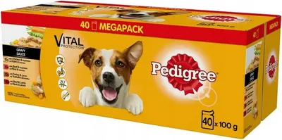 A box of Pedigree dog food multipack.