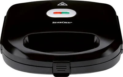 A black sandwich maker is shown from a front-facing, slightly elevated angle against a white background.