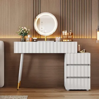 Zdjęcie produktu dla Toaletka z lustrem LED i oświetleniem - Biała toaletka do sypialni z 5 pojemnymi szufladami, W100/H127/D40 cm (bez taboretu)