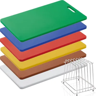 Produktbild von 6x HACCP Schneidbrett mit Griffloch 40 x 25 x 1,2 cm, gelb, grün, blau, rot, braun, weiß +  Schneidbretthalter
