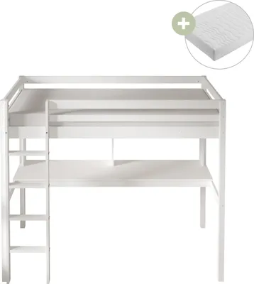 Produktbild von Sunny Sil Hochbett aus Holz mit Schreibtisch in Weiß | Kinderbett Mit Matratze | Einzelbett mit Treppe in 208 x 100,5 x 172 cm | Für Matratzengröße: