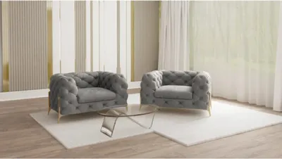 Produktbild von S-STYLE MÖBEL - Chesterfield Sessel Nova mit Goldene Metall Füßen aus Grau Samtstoff, B/T/H: 125 cm / 100 cm / 75 cm