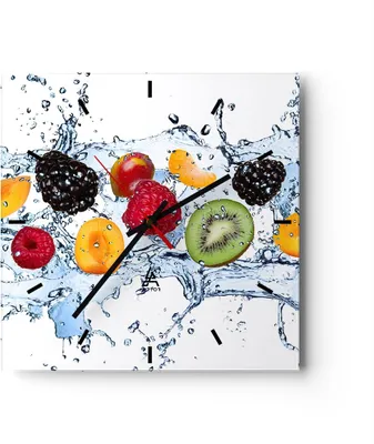 Produktbild von Wanduhr - Quadrat - Glasuhr - Wasser Früchte frisch Essen - 30x30cm - Schleichendes Uhrwerk - Lautlos - zum Aufhängen bereit - Dekoration Modern - Wanddekoration aus Glas - C3AC30x30-2675