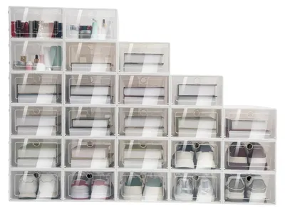 Produktbild von Schuhbox, stapelbares Aufbewahrungssystem, Größe 33 * 23 * 14 cm, geeignet für Schuhe bis zu 31 cm, aus PP und ABS, Montage erforderlich