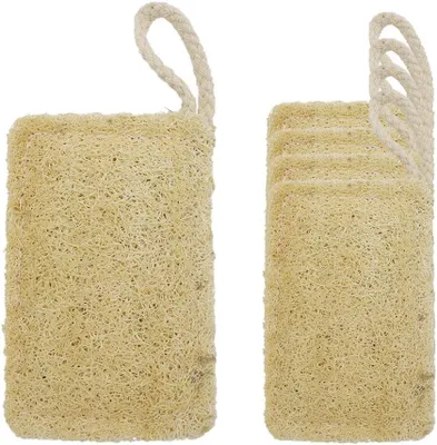 Immagine prodotto di Set di 5 spugne naturali in loofah per la pulizia, biodegradabili, dimensioni 11 x 7 cm, con cordino per appenderle in cucina