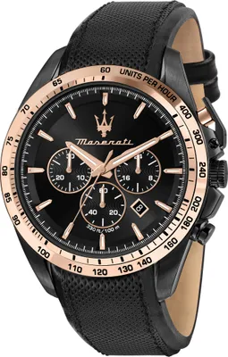 A close-up studio shot of a Maserati chronograph watch with a black dial and rose gold accents.