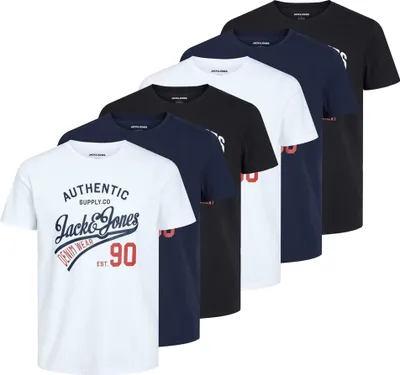 Produktbild von JACK&JONES Herren T-Shirt, 6er Pack - JJETHAN TEE CREW NECK, Vintage Logo, Baumwolle Weiß/Marineblau/Schwarz S