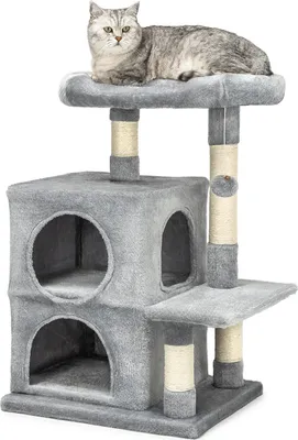 Image de lionto Arbre à chat pour chats 80 cm, avec 2 grottes, lit de repos & balle de jeu, troncs en sisal pour le soin des griffes, gris clair