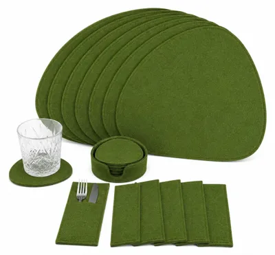 Produktbild von Filz Platzsets Oval, Platzdeckchen abwaschbar, Tischuntersetzer Filzmatten 26er Set mit Hülle Besteckhülle Untersetzern (grün)