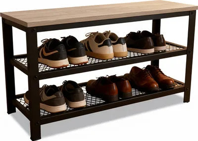 Immagine prodotto di Panca porta scarpe Relaxdays, per 6 paia di scarpe, A x L x P 45 x 73 x 30 cm, 2 ripiani a griglia, seduta effetto legno, marrone chiaro/nero