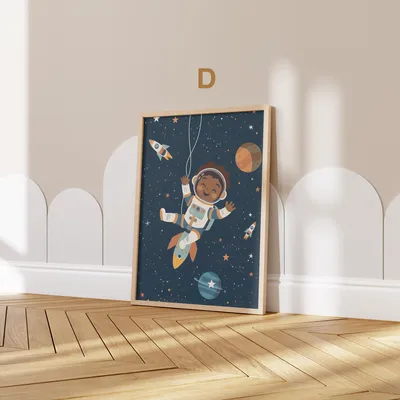 Produktbild von Astronaut Poster Kinderzimmer · Geschenkidee für Kinder · Kinderzimmer Deko · Weltraum Rakete & Planeten · Deko Print ohne Rahmen · Motiv D · 30 × 40 cm