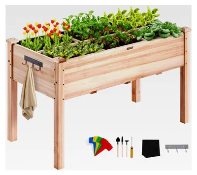 Produktbild von Hochbeet aus Holz mit Ablage und Blumenkasten, 100 kg Tragfähigkeit, Garten Pflanzkasten, Terrassen Gemüsebeet, 120x58x76 cm, ideal für den Anbau von Gemüse, Obst und Kräutern