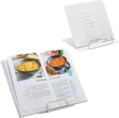 Produktbild von Relaxdays Buchständer, 2er Set, Leseständer 6-fach höhenverstellbar, Kochbuchhalter mit Klemme, Küche, Stahl, weiß