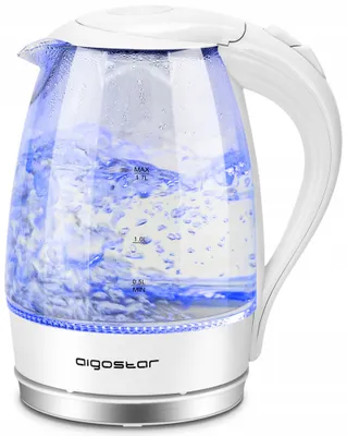 A glass electric kettle filled with boiling water, illuminated by blue LED lights.