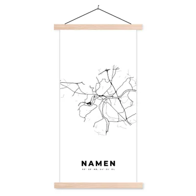 Produktbild von MuchoWow® Textilposter Karte - Stadtplan - Namur - Belgien - Schwarz und weiß 40x80 cm mit holzfarbenen Rahmen - Wohnzimmer