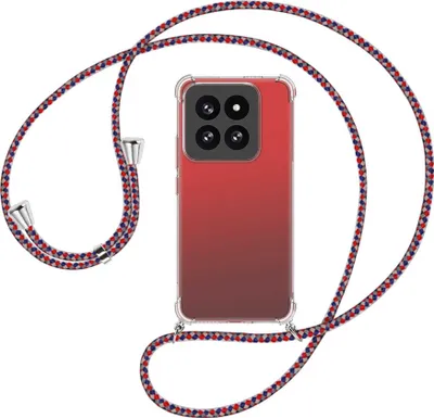 Produktbild von Handykette Backcover-Schutzhülle mit Band (Metall silberfarben) für Xiaomi 14 Pro (23116PN5BC) - silber/blau/rot
