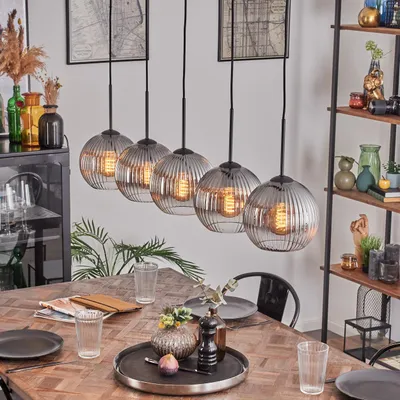 Produktbild von Cesaro Retro Hängeleuchte aus Metall/Riffelglas in Schwarz/Rauchfarben/Klar