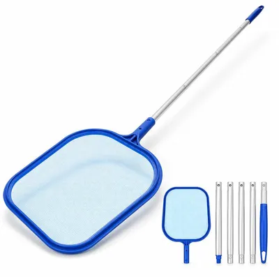 Produktbild von Pool Reinigungsnetz, Laubkescher mit 5-teiliger Aluminiumstange, flaches blaues Fangnetz für Pool und Wasseroberfläche
