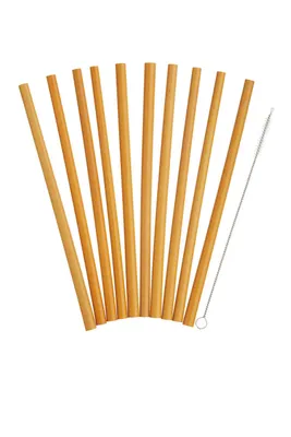 Productafbeelding van KitchenCraft Natural Elements Set van 10 herbruikbare rietjes van hout of bamboe, met reinigingsborsteltje, 19 cm