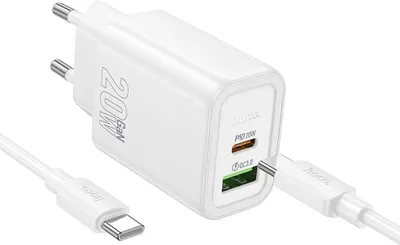Produktbild von Hoco Ladegerät 20W GaN USB-C + USB-A Netzteil | Schnellladegerät PD QC 3.0 | Handy Ladegerät weiss für iPhone & Samsung Smartphone Ladeadapter inkl. USB Typ C Ladekabel