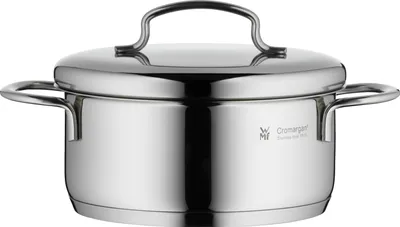 A close-up studio shot of a stainless steel pot with a lid and handles.