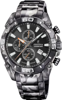 A close-up studio shot of a men's wristwatch with a camouflage pattern.