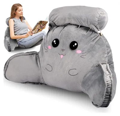 Produktbild von Lesekissen für das Bett, komfortables Lesekissen, Rückenstütze mit Arm, multifunktional, abnehmbar, waschbar, Stützkissen zum Lesen, Entspannen, Fernsehen (graue Katze, 70 cm)