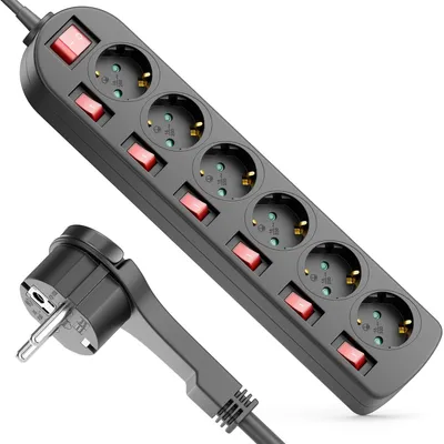 Produktbild von deleyCON 6-fach Steckdosenleiste Flachstecker einzeln schaltbar 1,4m, Schwarz