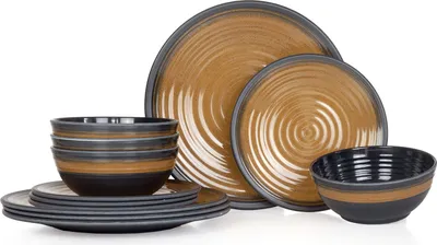 Produktbild von Moritz Camping Tafelgeschirr aus Melamin für 4 Personen 12-teilig | spülmaschinenfest | Picknick Geschirrset | Geschirr Campinggeschirr I Stone Curry Design
