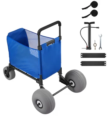 Produktbild von Bollerwagen mit Ballonreifen (12 Zoll), Faltbarer Strandwagen mit 4-stufig Einstellbarem Schaumstoffgriff und Pumpe, Handwagen (75 kg Belastbar), Strandkarre Ideal für Camping, Angeln und Garten