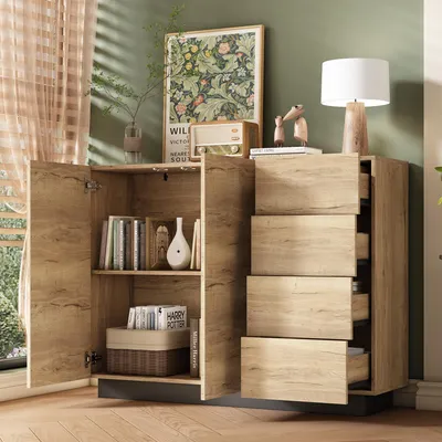 Image de Commode 120 cm, 4 tiroirs, 2 portes, naturel + noir, 120 x 35,5 x 90,5 cm