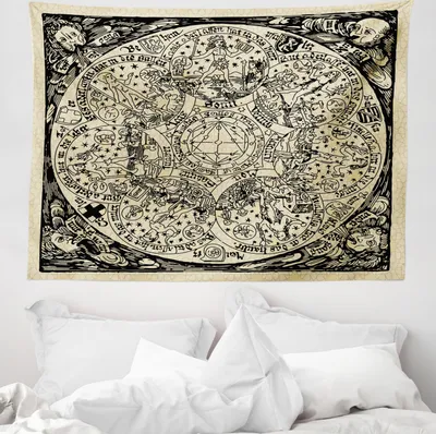 Produktbild von ABAKUHAUS Astrologie Wandteppich, Karte aus Weiches Mikrofaser Stoff Waschbar ohne Verblassen Digitaldruck, 150 x 110 cm, Schwarz Ecru